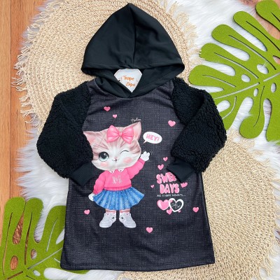 Vestido Manga Longa de Pelinhos com Capuz Sweet Days - Preto